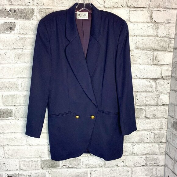 Vintage 80s 90s Double Breasted Navy Blue Wool Structured Long Blazer - Picture 1 of 13